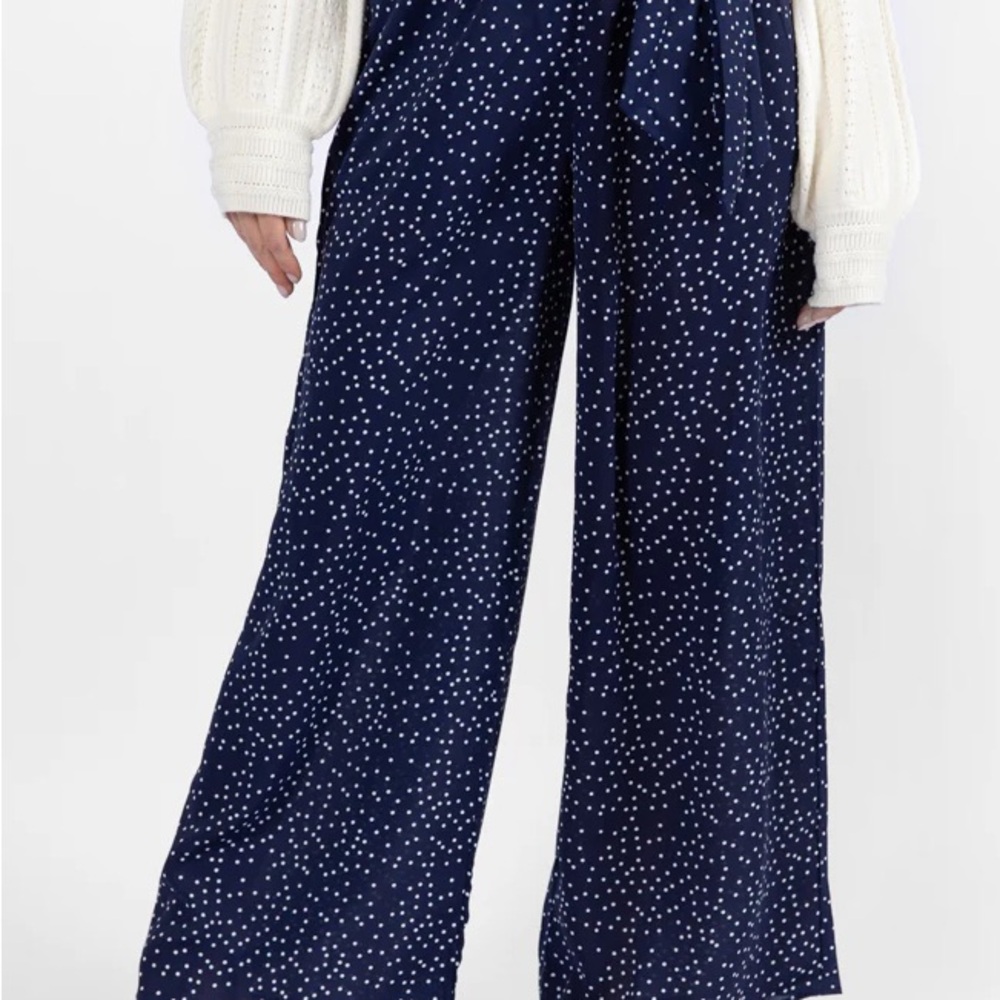 Pink Lily Navy and White Dotted Wide-Leg Pants